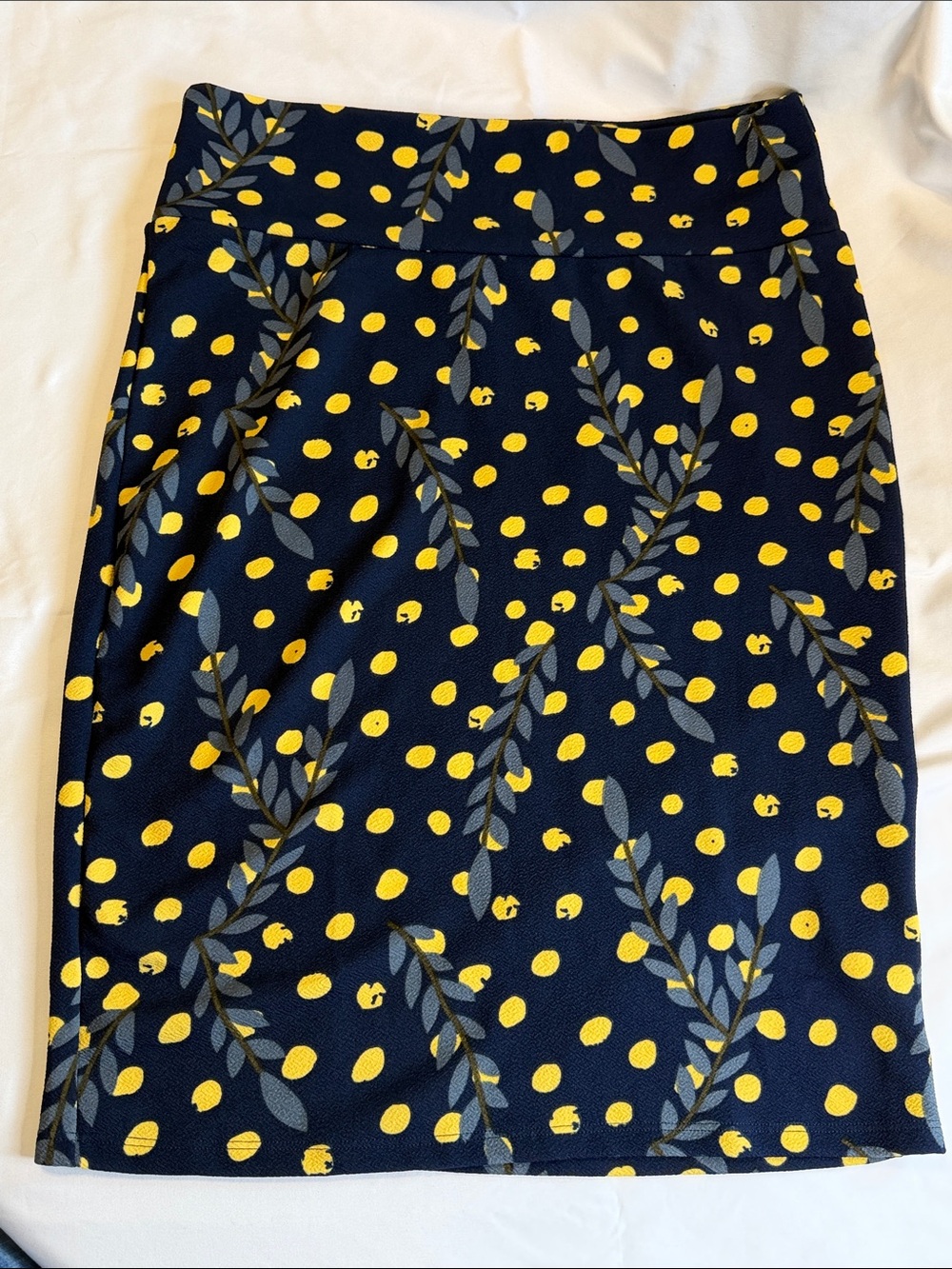 LuLaRoe Navy Pencil Skirt with Yellow Polka Dot & Gray Leaf Print